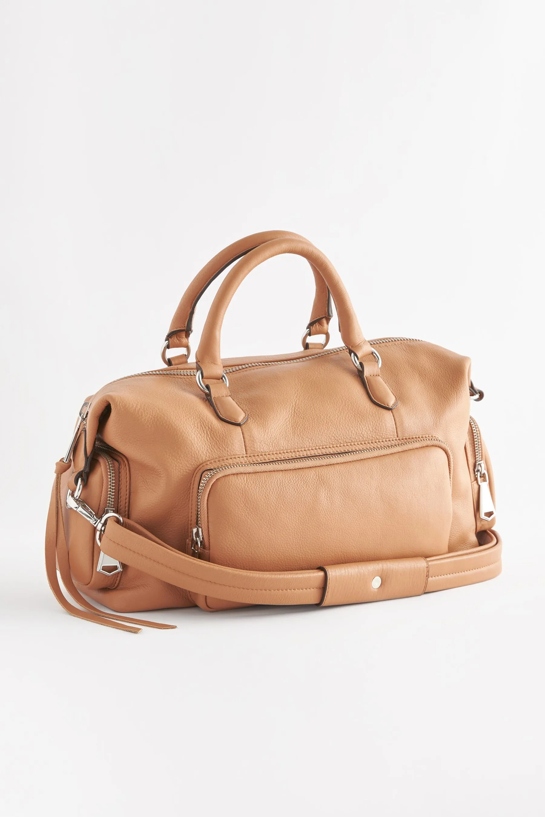 Marrone chiaro   - Borsa a mano in pelle con tasca e zip